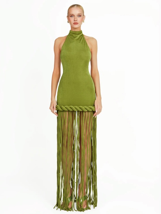 Khanum's Dresses & Skirts - Kiran Braided Fringe Halter Mini Dress - Green
